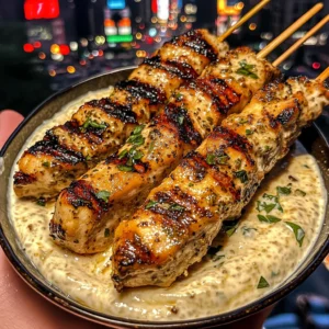 Grilled Lemon Herb Chicken Skewers with Creamy Garlic Dip