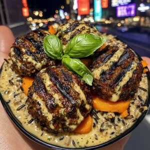 Grilled Meatballs with Wild Rice & Carrot-Parsnip Ribbons, Spicy Tomato Basil Sauce