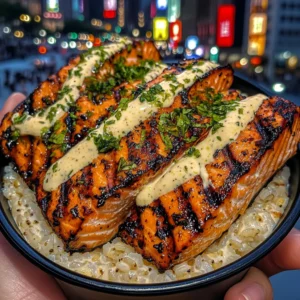 Grilled Salmon Rice Bowls with Zesty Lemon Cream
