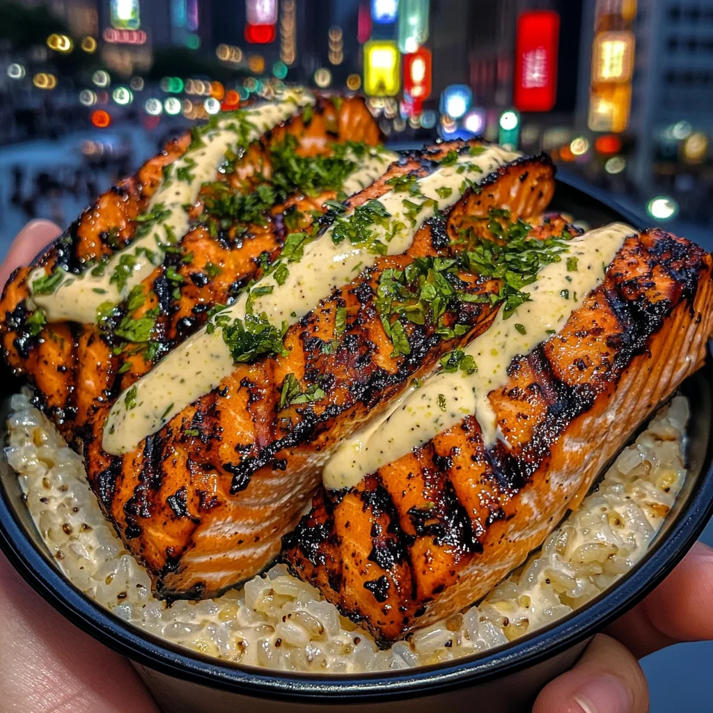 Grilled Salmon Rice Bowls with Zesty Lemon Cream