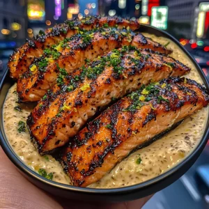 Grilled Salmon Rice Strips Bowls with Zesty Lemon Cream