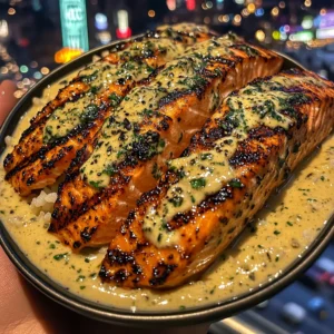 Grilled Salmon Rice with Creamy Lemon Herb Sauce