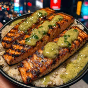 Grilled Salmon Strips Rice Bowls with Avocado Lime Sauce