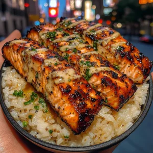 Grilled Salmon Strips Rice Bowls with Honey Garlic Drizzle