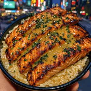 Grilled Salmon Strips Rice Bowls with Honey Mustard Drizzle