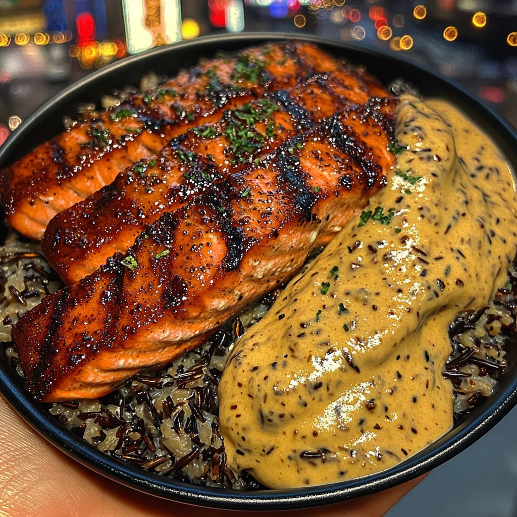 Grilled Salmon Strips with Wild Rice Pilaf & Soul-Warming Garlic Cream Sauce
