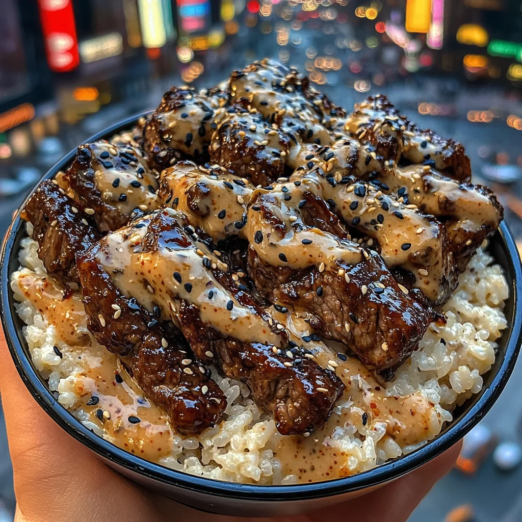 Honey Garlic Beef Rice Bowls with Sesame Chili Sauce