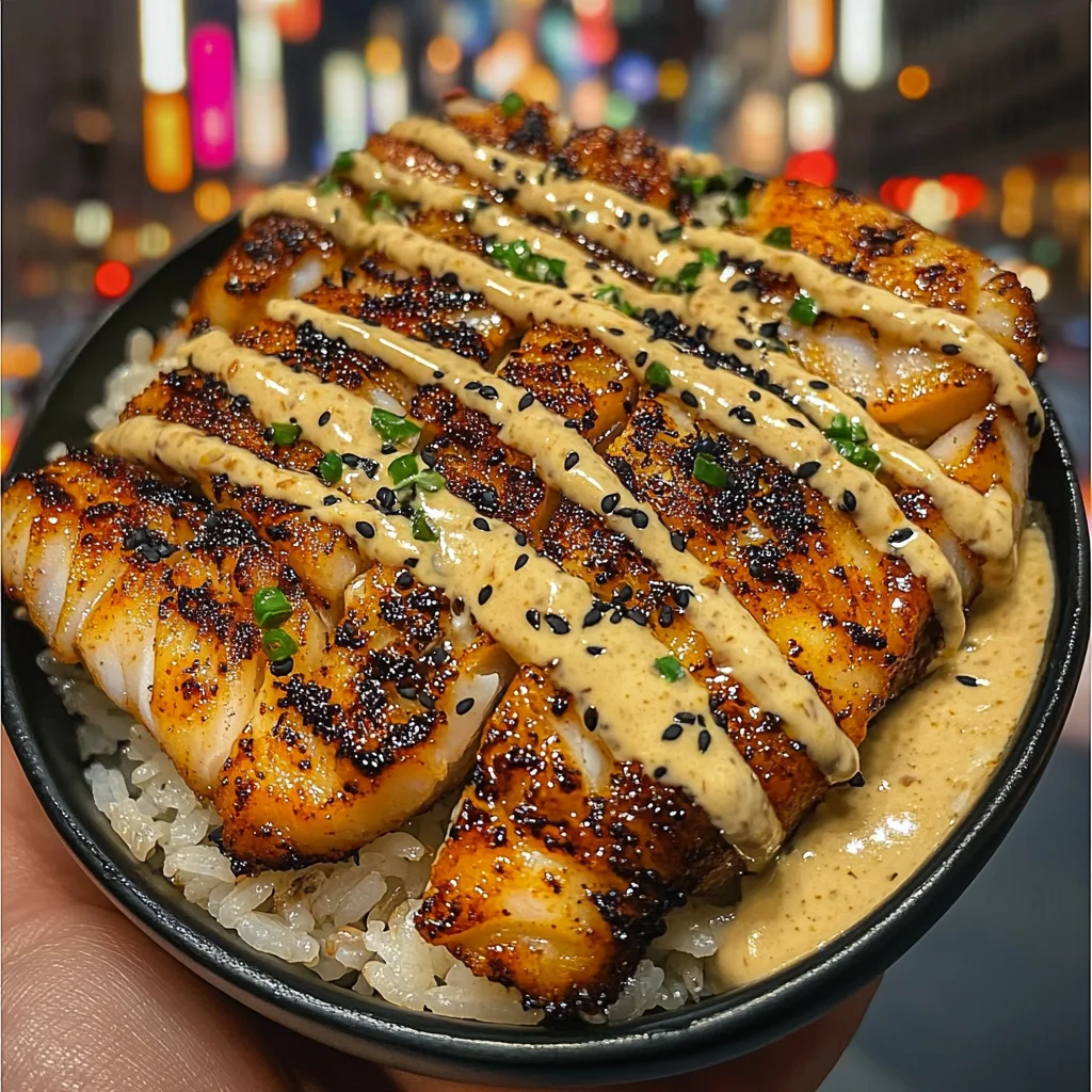 Honey Garlic Cod Strips Rice Bowls with Sesame Ginger Drizzle
