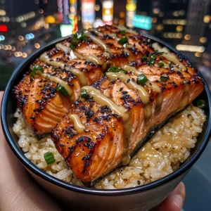 Honey Glazed Salmon Rice Bowls with Sesame Ginger Drizzle
