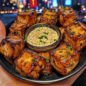 Honey Glazed Tuna Bites with Mustard Yogurt Dip