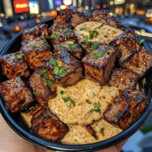 Honey Soy Beef Cubes with Sesame Ginger Sauce