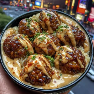 Honey Soy Meatballs Rice Bowls with Chili Lime Cream