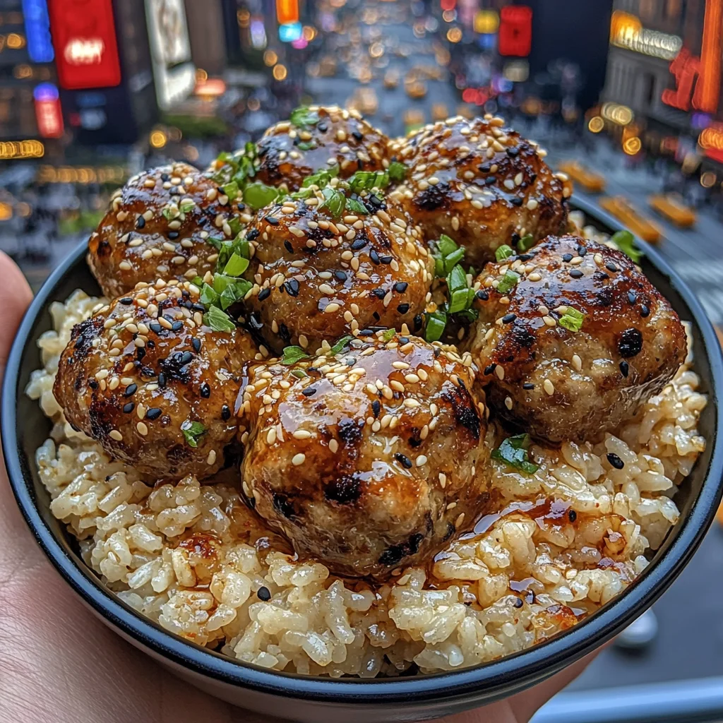 Honey Soy Meatballs Rice Bowls with Chili Sesame Dressing