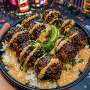 Honey Soy Meatballs Rice Bowls with Sesame Lime Dressing