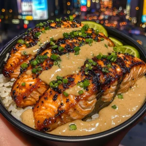 Honey Soy Salmon Rice Bowls with Ginger Lime Sauce