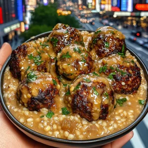 Juicy Meatballs with Buttery Barley and Caramelized Onion Gravy