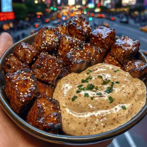 Korean BBQ Beef Cubes with Creamy Sesame Garlic Dip
