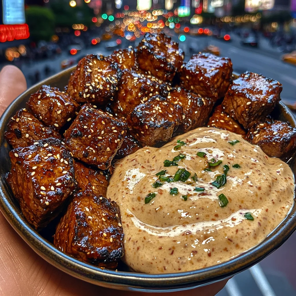 Korean BBQ Beef Cubes with Creamy Sesame Garlic Dip