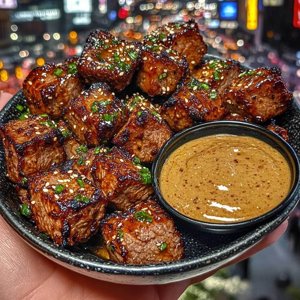 Korean BBQ Beef Cubes with Spicy Sesame Dipping Sauce