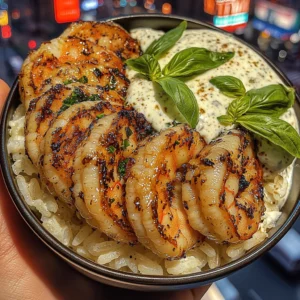 Lemon Basil Shrimp Rice Bowls with Garlic Yogurt Dressing