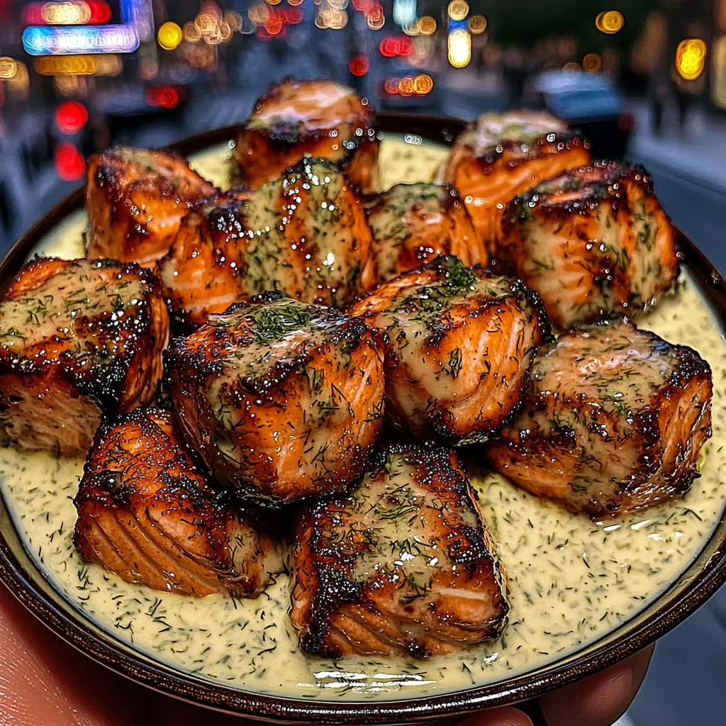 Lemon Butter Salmon Bites with Dill Yogurt Sauce