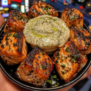 Lemon Garlic Salmon Bites with Creamy Dill Dip