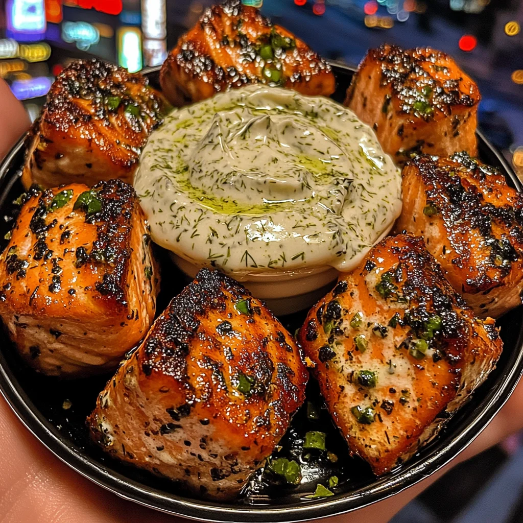 Lemon Garlic Salmon Bites with Creamy Dill Dip