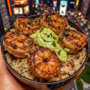 Lemon Garlic Shrimp Rice Bowls with Avocado Cilantro Cream