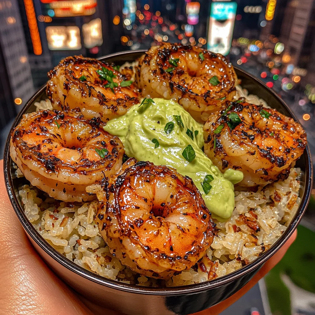 Lemon Garlic Shrimp Rice Bowls with Avocado Cilantro Cream