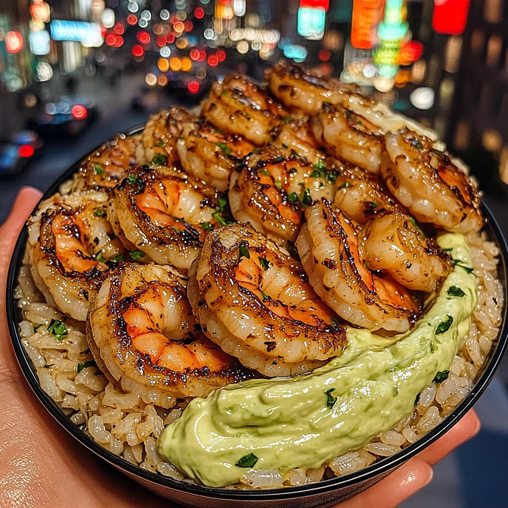 Lemon Garlic Shrimp Rice Bowls with Avocado Lime Cream