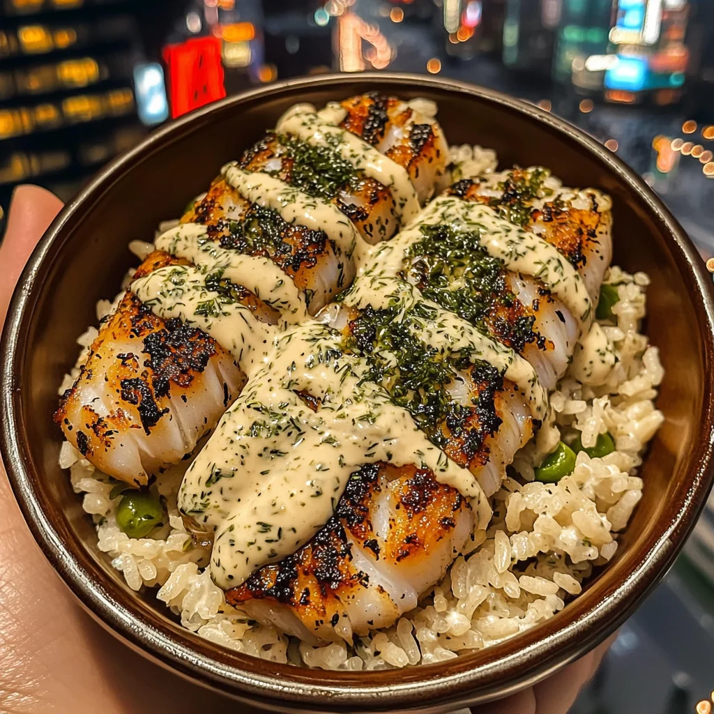 Lemon Herb Cod Strips Rice Bowls with Creamy Dill Drizzle