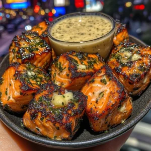 Lemon Herb Salmon Bites with Garlic Butter Dipping Sauce
