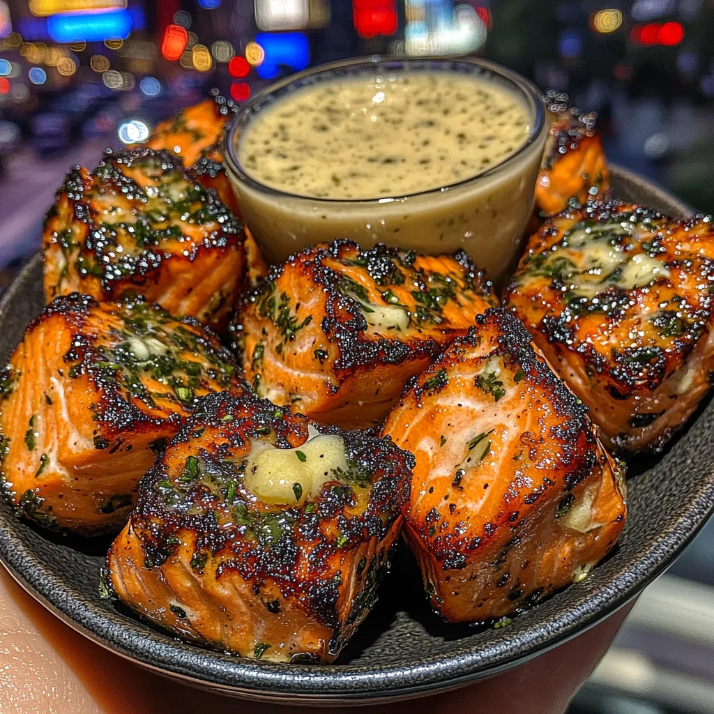 Lemon Herb Salmon Bites with Garlic Butter Dipping Sauce