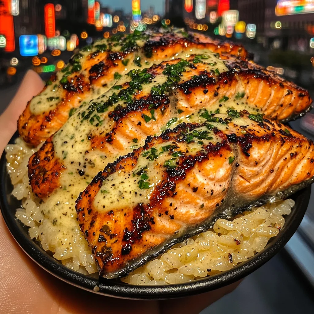 Lemon Herb Salmon Rice Bowls with Garlic Butter Sauce