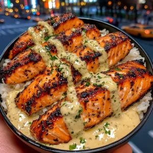 Lemon Herb Salmon Strips Rice Bowls with Creamy Garlic Dressing