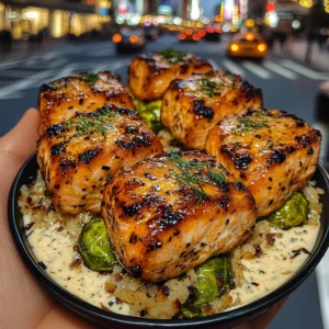 Salmon Bites with Roasted Brussels Sprout & Butternut Squash Pilaf, Lemon-Dill Drizzle