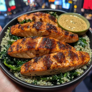 Salmon Strips with Pumpkin Seed Quinoa & Sautéed Swiss Chard, Smoky Chipotle Lime Dip