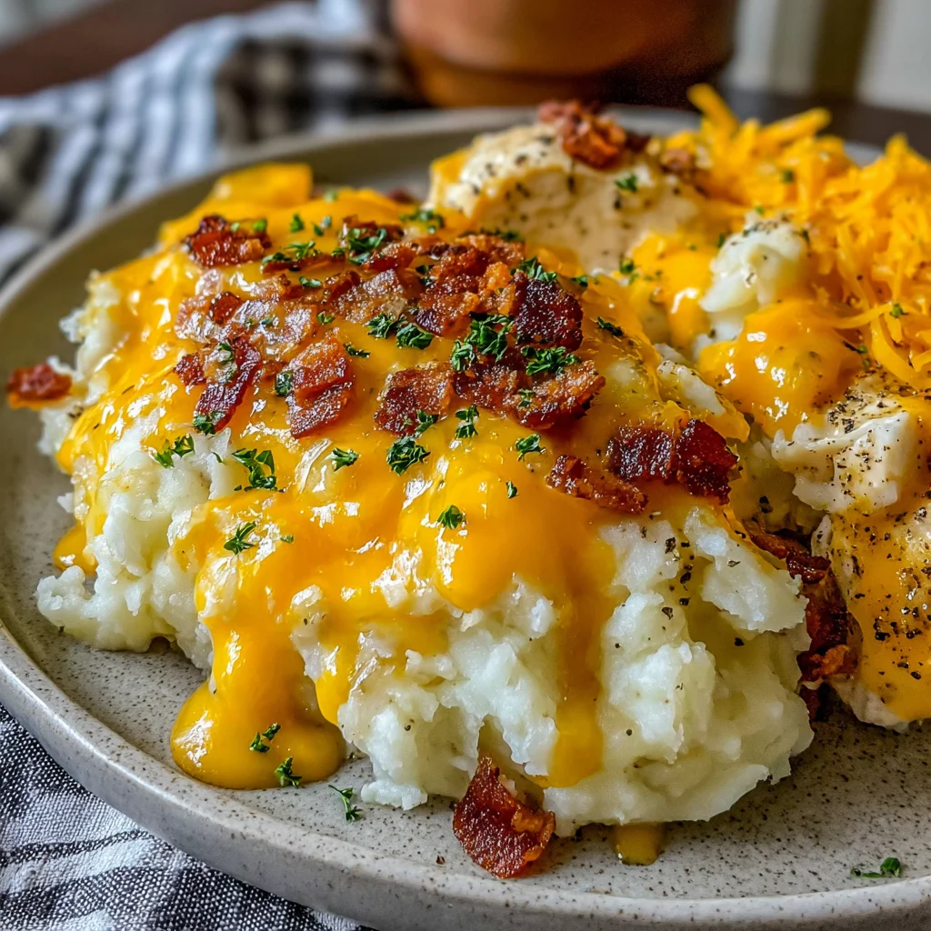 Slow Cooker Loaded Mashed Potato & Chicken Bake