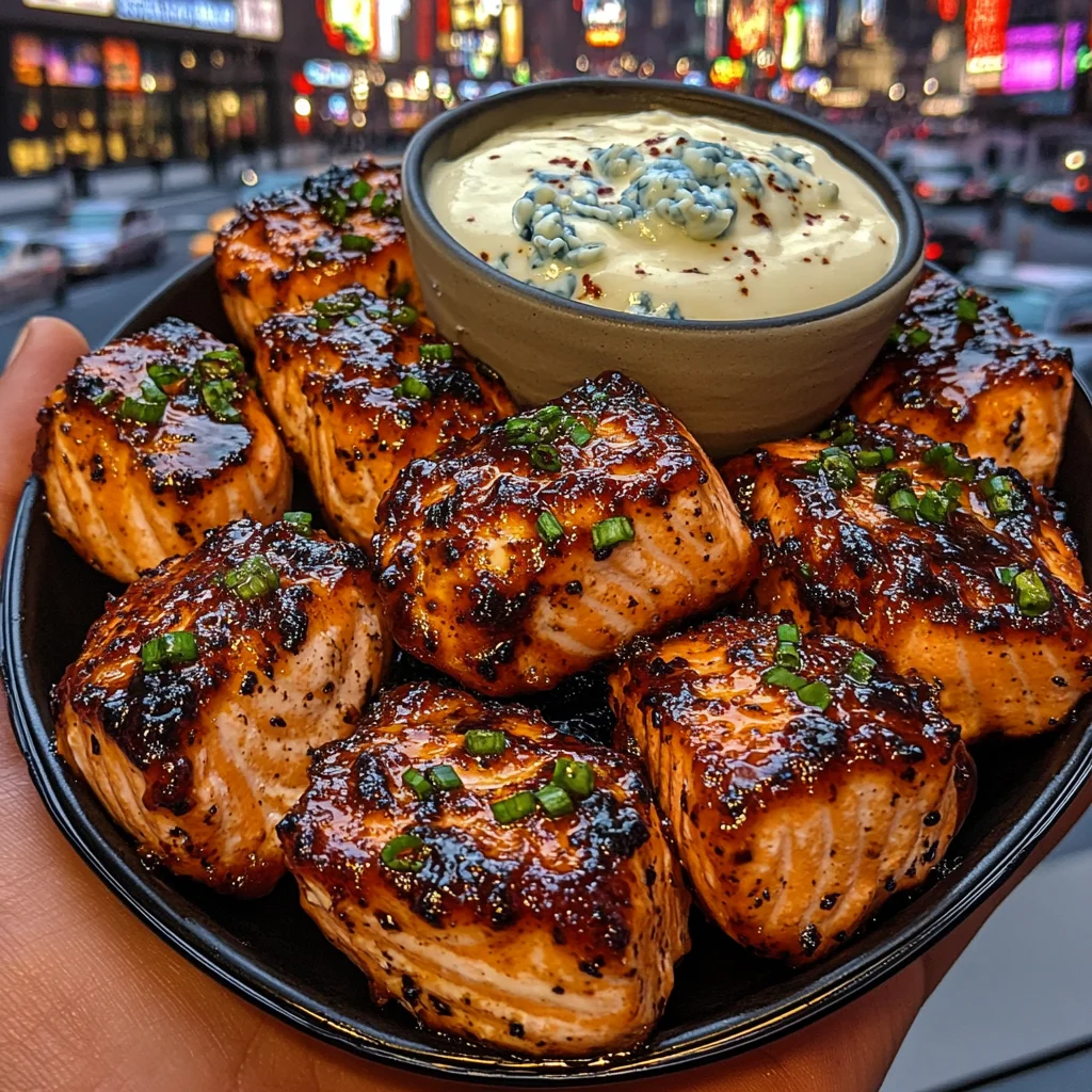 Spicy BBQ Salmon Bites with Creamy Blue Cheese Dip
