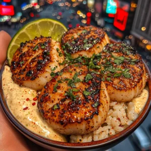Spicy Garlic Scallops Rice Bowls with Chili Lime Cream