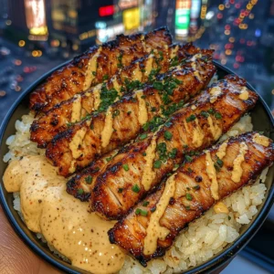 Spicy Garlic Tuna Strips and Rice with Creamy Sriracha Drizzle