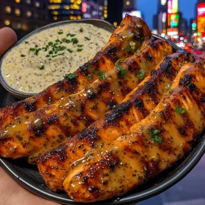 Spicy Mango Glazed Salmon Strips with Cooling Yogurt Dip