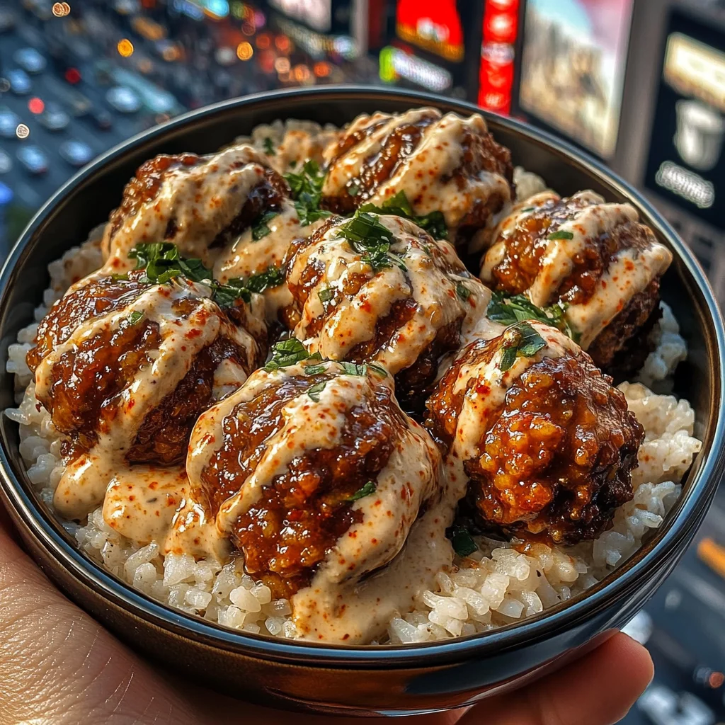 Spicy Meatballs Rice Bowls with Chili Garlic Yogurt Sauce
