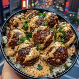 Spicy Meatballs Rice Bowls with Chili Sesame Dressing