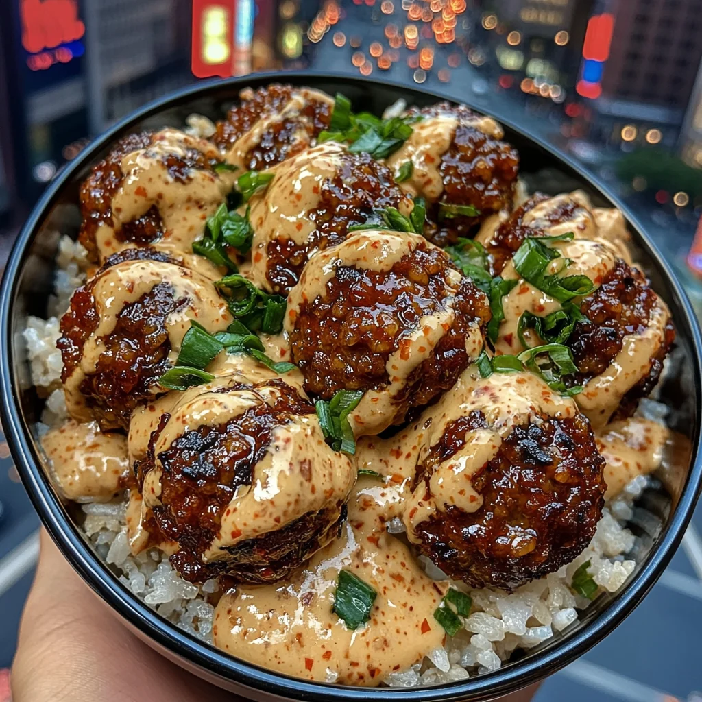 Spicy Meatballs Rice Bowls with Chili Sesame Dressing