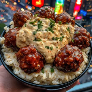 Spicy Meatballs Rice Bowls with Sweet Chili Cream