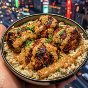 Spicy Turkey Meatballs Rice Bowls with Smoky Chipotle Drizzle