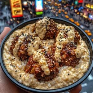 Spicy meatballs Rice Bowls with Garlic Sesame Cream