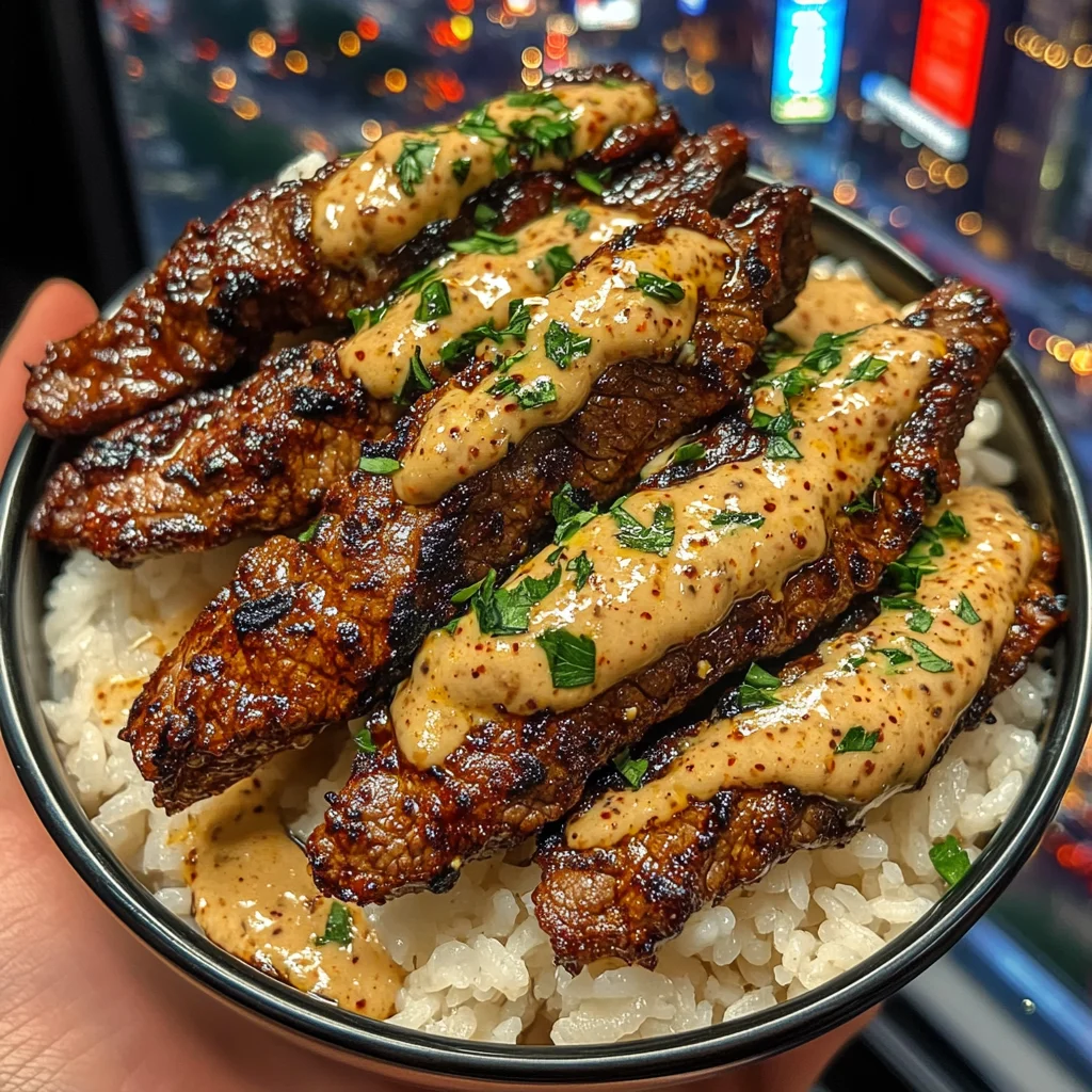 Spicy steak Strips Rice Bowls with Garlic Pepper Sauce