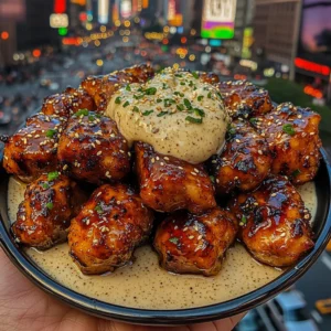 Sticky Honey Garlic Chicken Bites with Sesame Cream Sauce